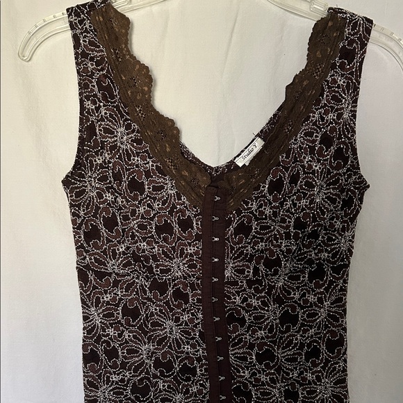 Studio Y Tops - Studio Y Chocolate Brown Lace-Trim Hook-Front Tank with Silver Floral Embroidery